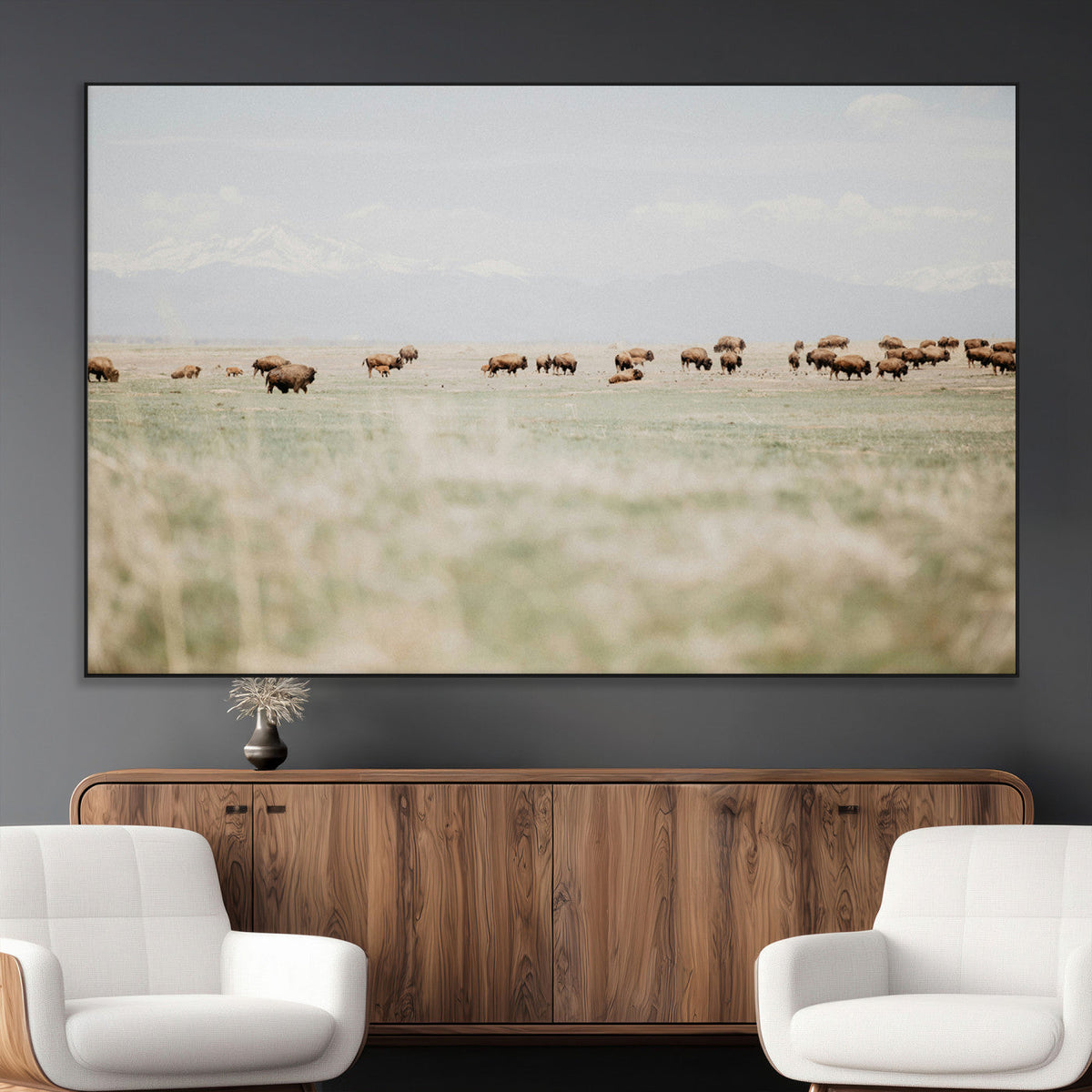 Bison Herd Wall Art Canvas Print, Framed Western Ranch Nature Scene