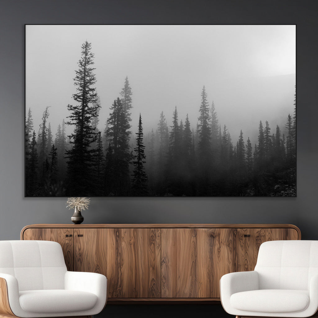 Misty Pines Wall Art Canvas Print, Framed Woodland Minimalist Black and White