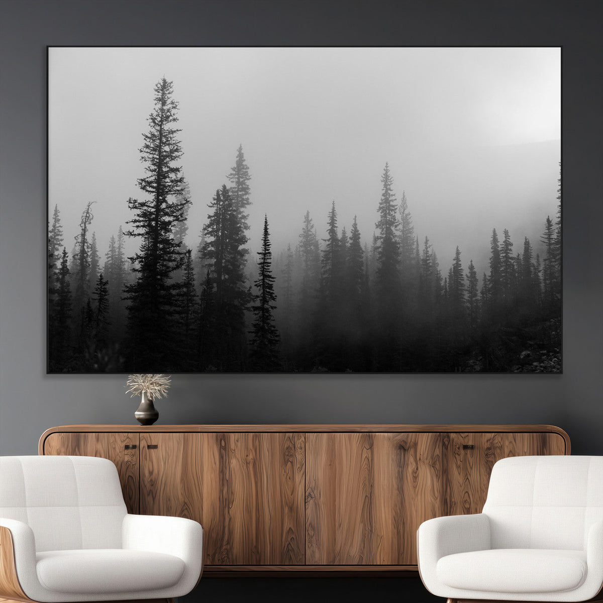 Misty Pines Wall Art Canvas Print, Framed Woodland Minimalist Black and White