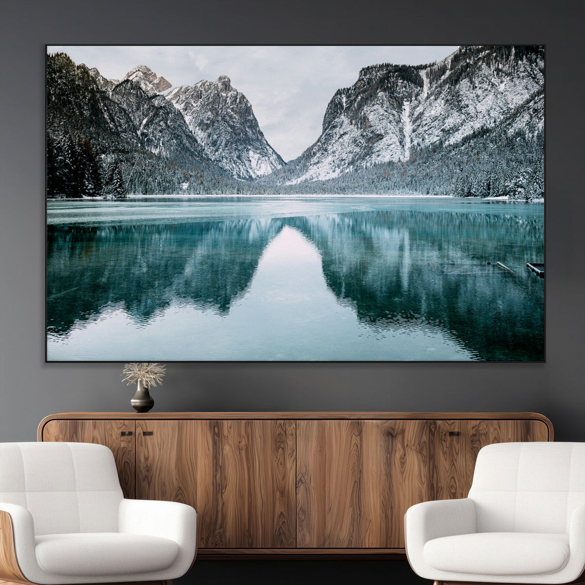Mountain Lake Wall Art Canvas Print, Framed Toblacher See Winter Wonderland