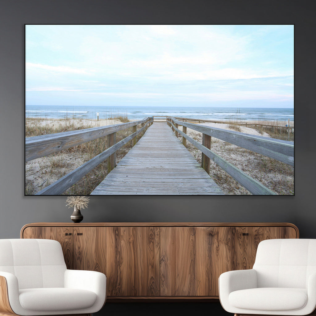 Beach Boardwalk Wall Art Canvas Print, Framed Coastal Serenity Ocean View