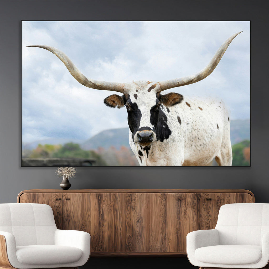 Texas Longhorn Wall Art Canvas Print, Framed Western Rustic Farmhouse