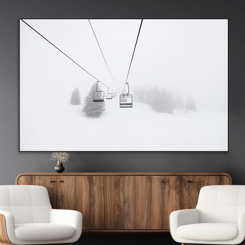 Ski Lift Wall Art Canvas Print, Framed Snowy Landscape Art, Alpine Adventure Nordic Minimalist Decor