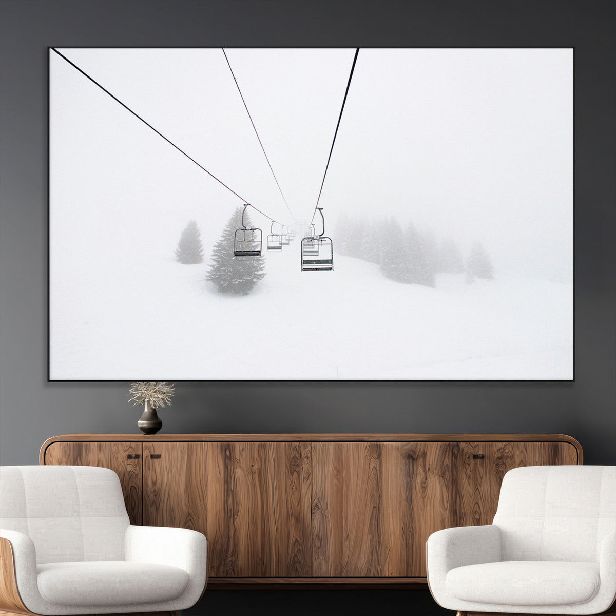 Ski Lift Wall Art Canvas Print, Framed Snowy Landscape Art, Alpine Adventure Nordic Minimalist Decor