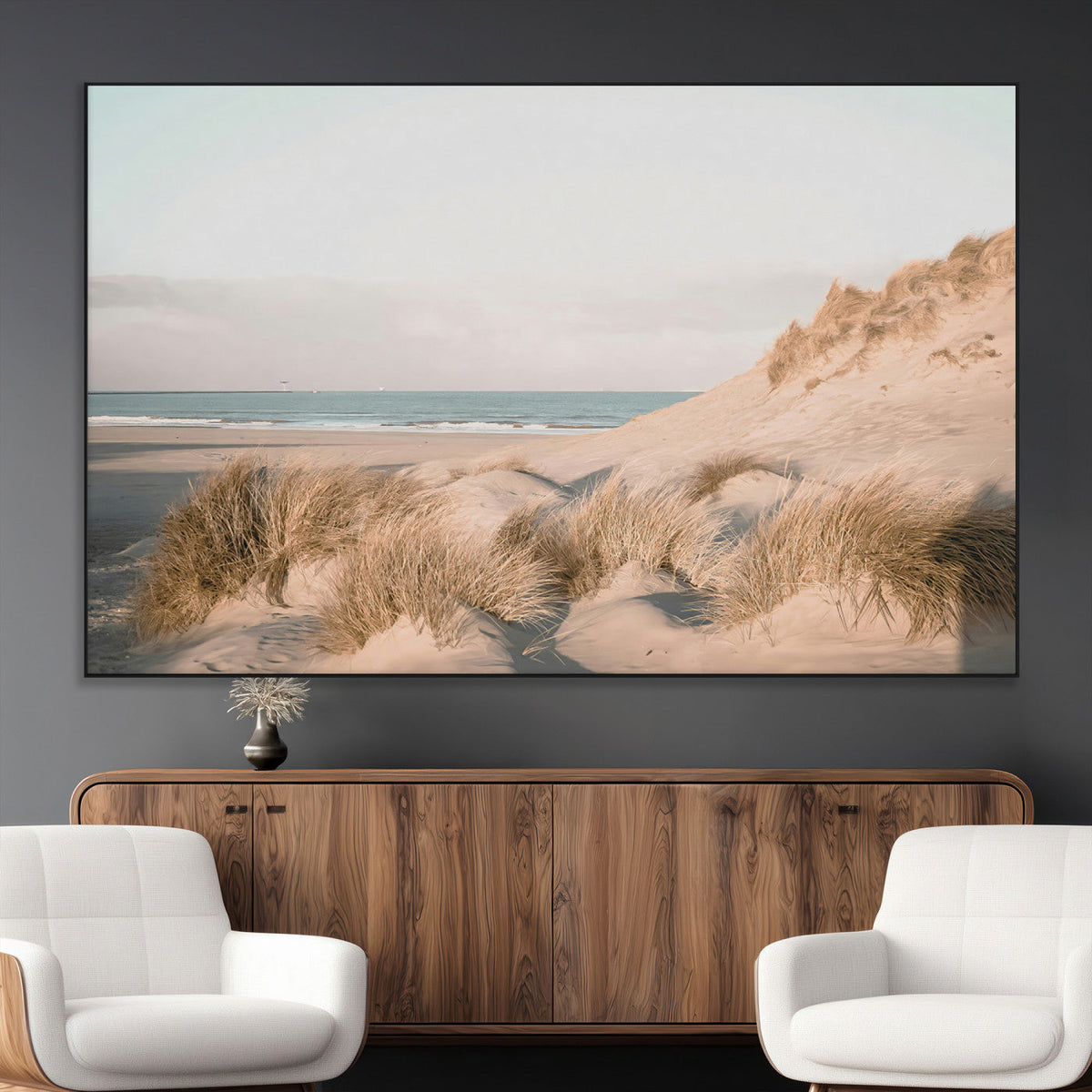 Beach Landscape Wall Art Canvas Print, Framed Sand Dune Photography, Minimalist Seascape Coastal Decor