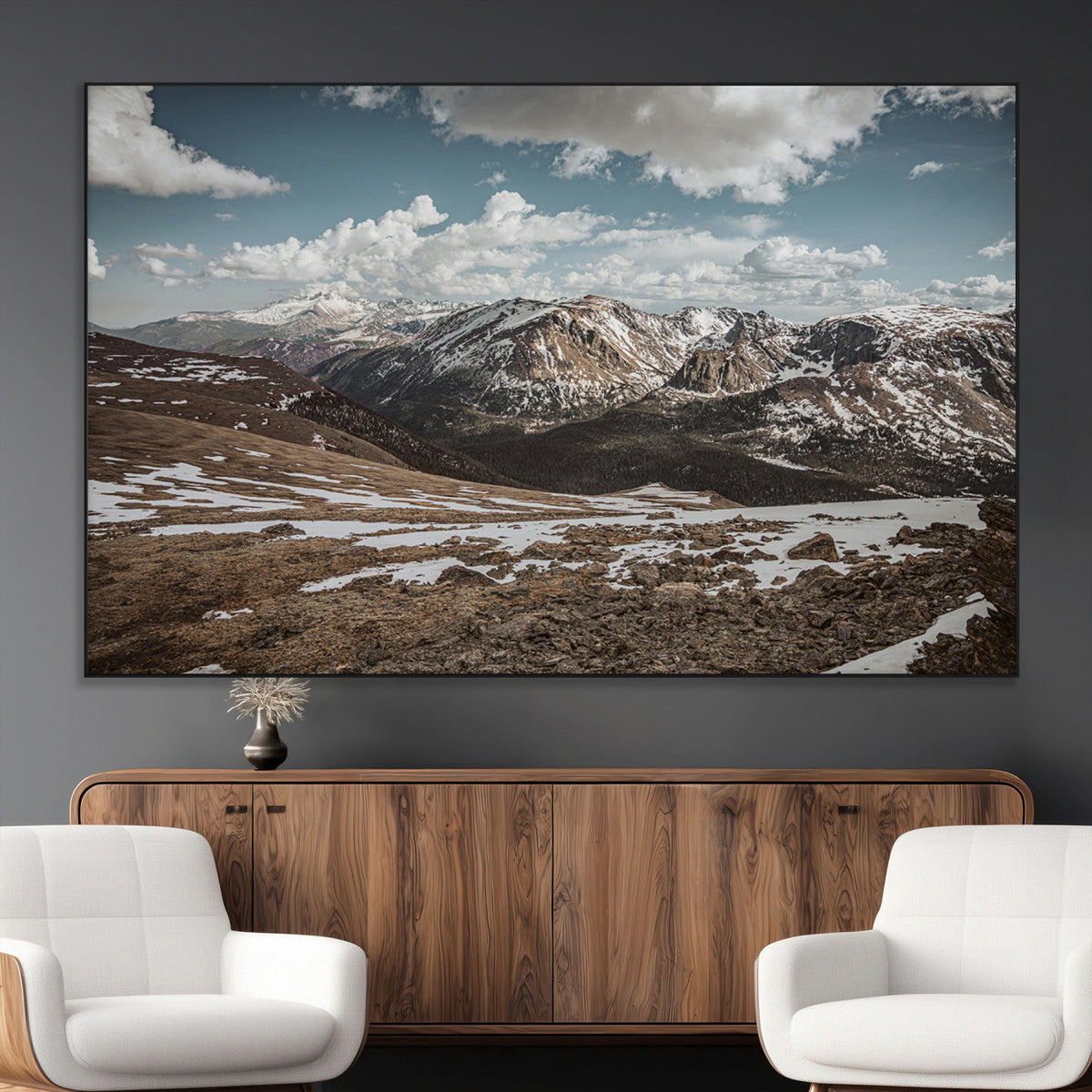 Mountain Landscape Wall Art Canvas Print, Framed Snowy Peaks Art, Rugged Highlands Rustic Adventure Decor