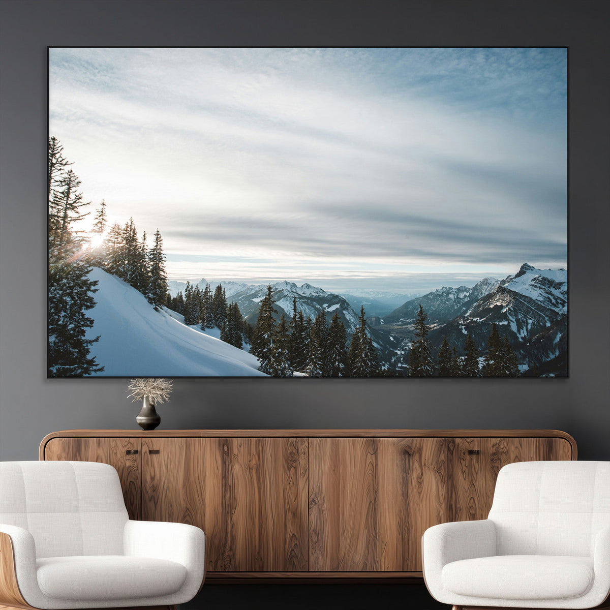 Snowy Mountains Wall Art Canvas Print, Framed Alpine Landscape Frosty Peaks Artwork