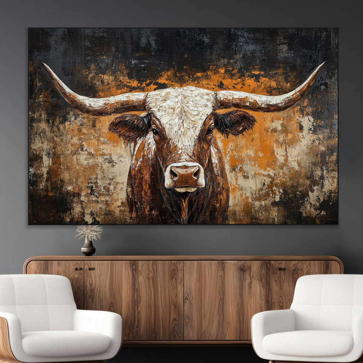 Abstract Longhorn Bull Wall Art Canvas Print, Vintage Western Texas Steer Artwork