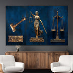 Lady Justice Wall Art Canvas Print, Elegant Gold Legal Symbols on Blue, Law Office Decor