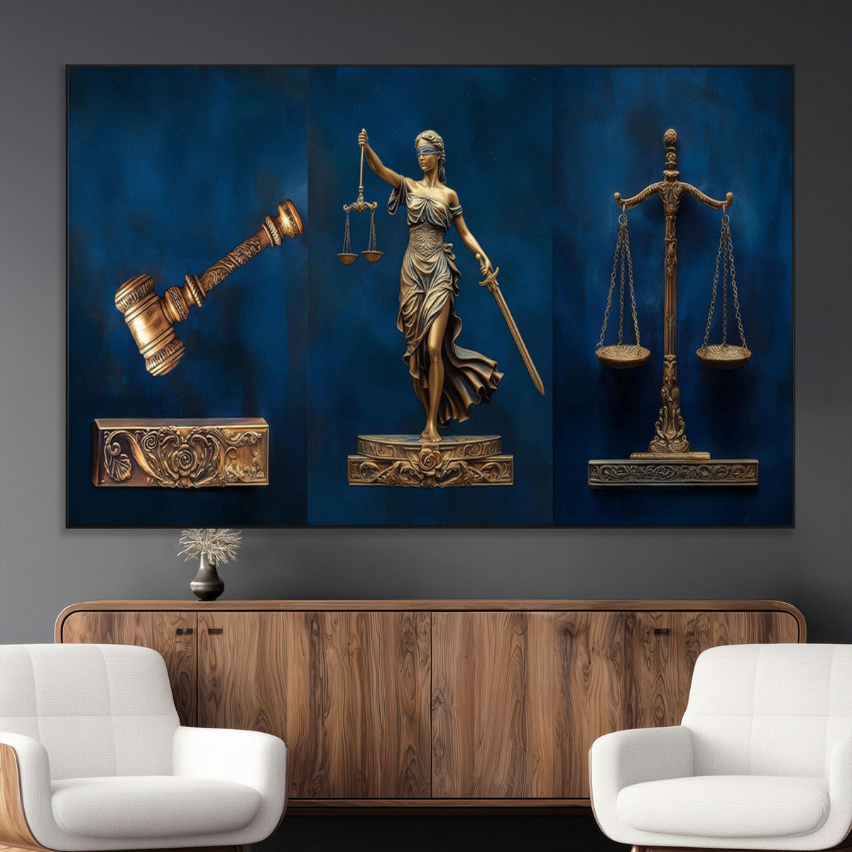 Lady Justice Wall Art Canvas Print, Elegant Gold Legal Symbols on Blue, Law Office Decor