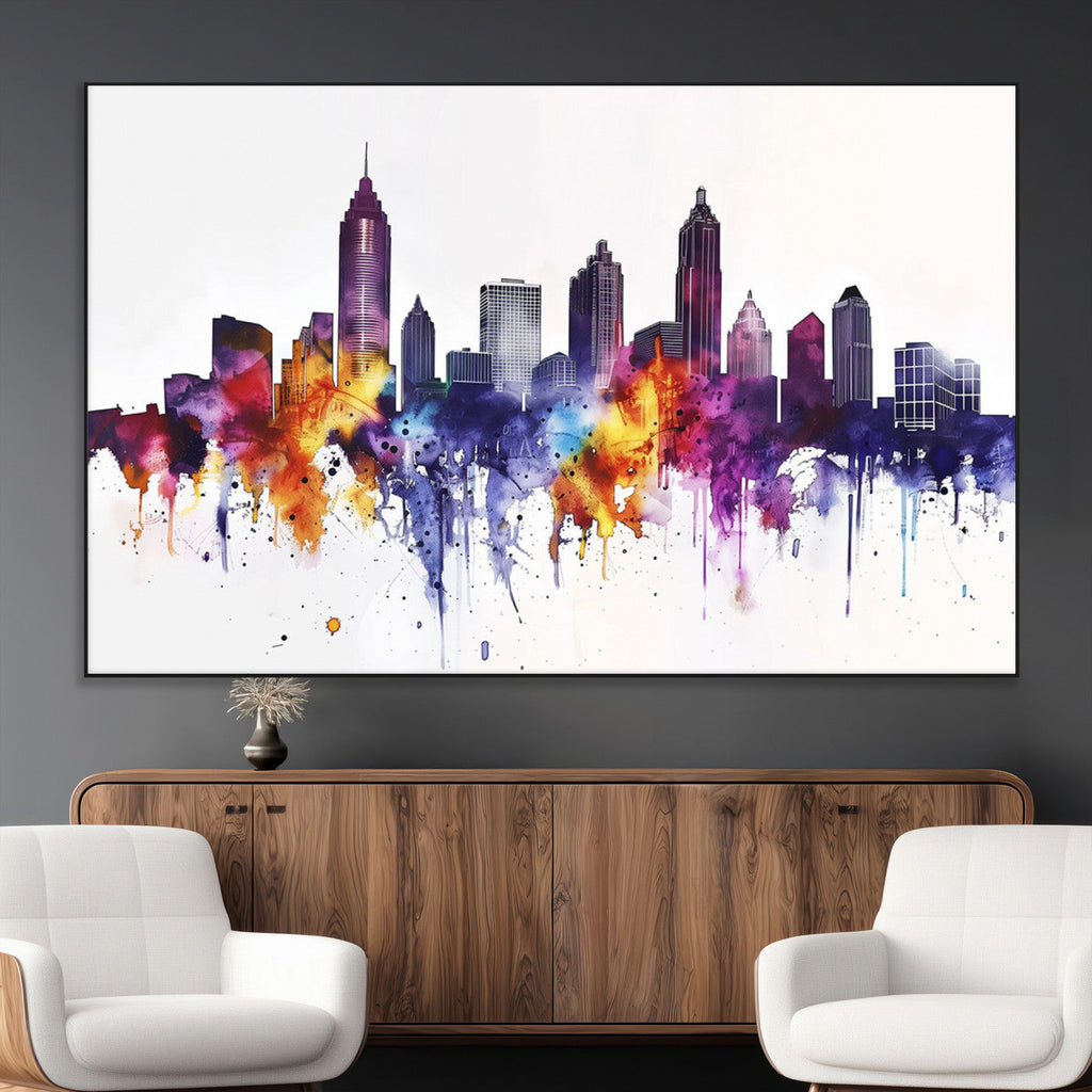 Atlanta Skyline Wall Art Canvas Print, Framed Colorful Watercolor Cityscape