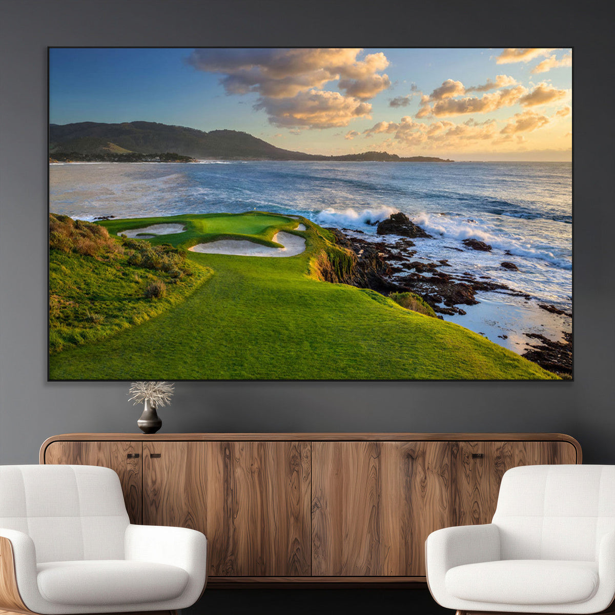 Coastal Golf Course Wall Art Canvas Print, Sunset with Rolling Green Fairways and Ocean Waves