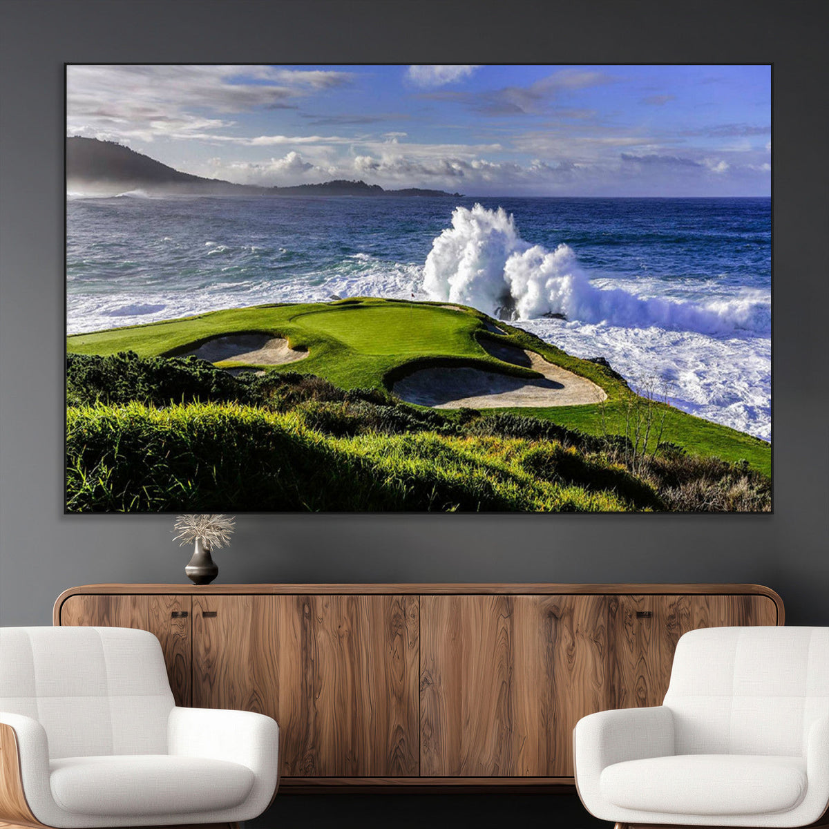 Ocean Waves Crashing Wall Art Canvas Print, Dramatic Rocky Coastline Near a Golf Course