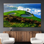 Coastal Golf Course Wall Art Canvas Print, Vibrant Green with Sand Bunkers and Ocean Waves