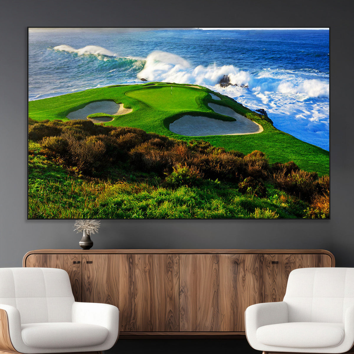 Coastal Golf Course Wall Art Canvas Print, Vibrant Green with Sand Bunkers and Ocean Waves
