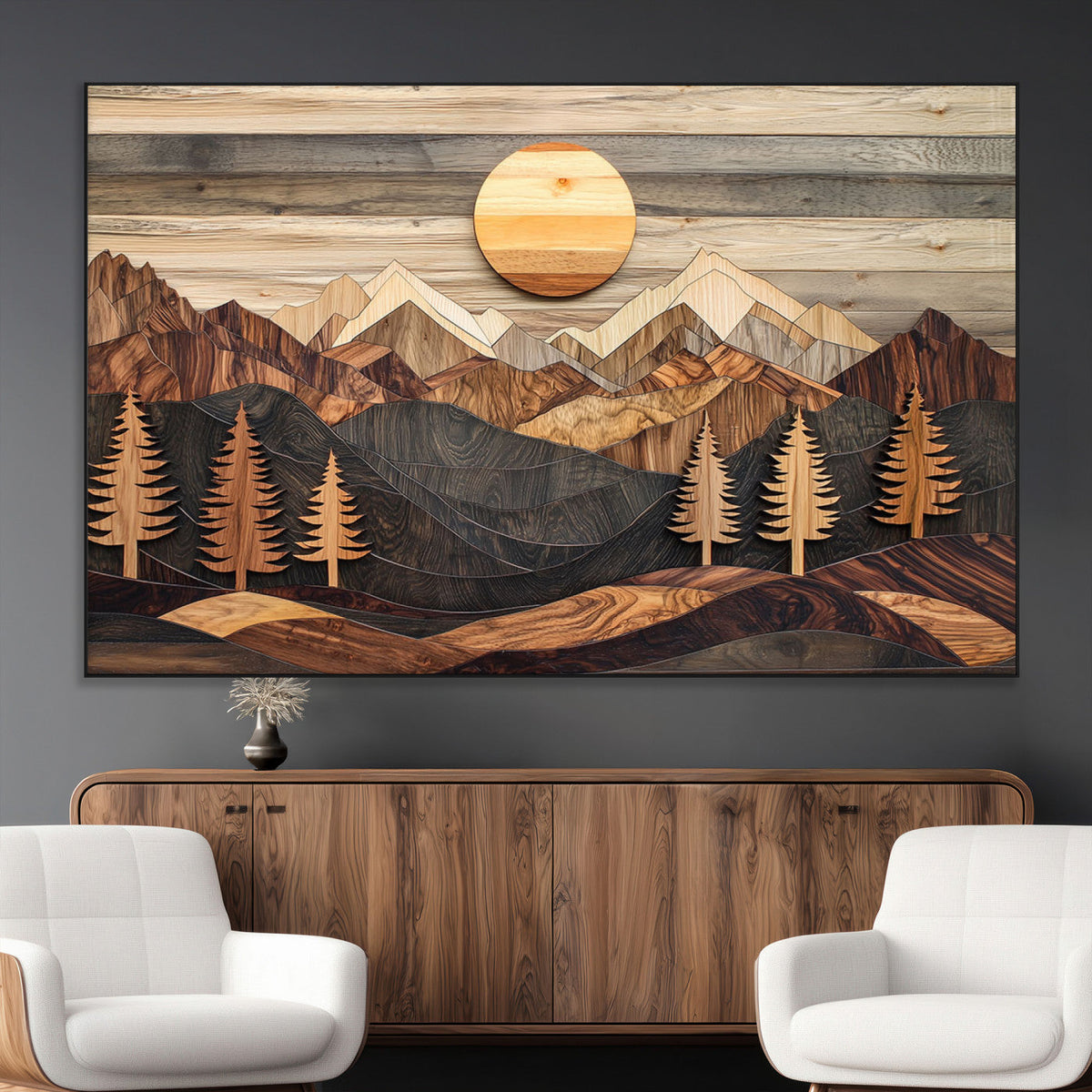 Wooden Mountain Layers Art | Rustic Pine Tree Landscape