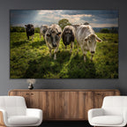 Grazing Cattle Herd Wall Art Canvas Print, Framed Green Pasture Farm Scene
