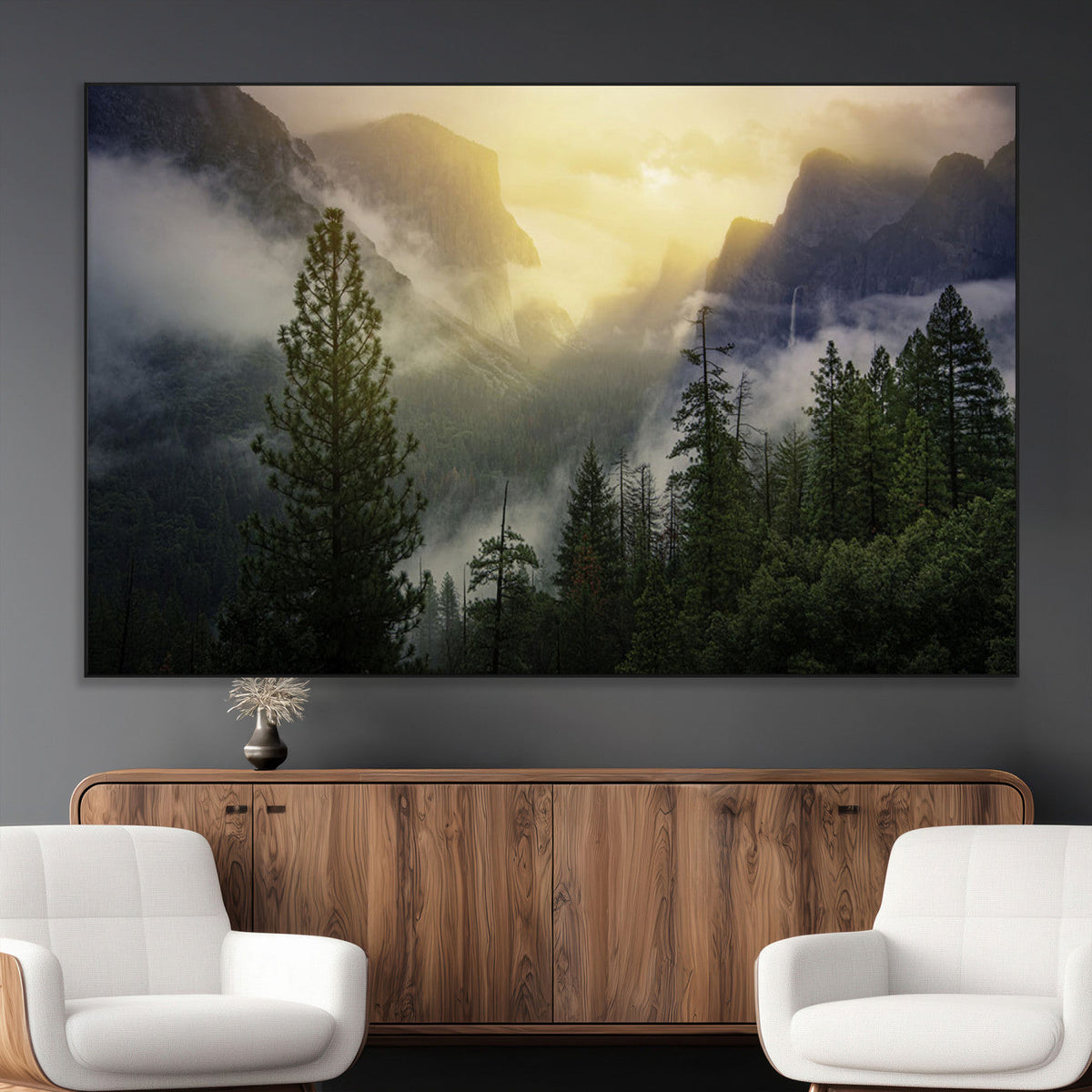 Misty Forest Sunrise Wall Art Canvas Print, Framed Mountain Valley Pine Trees