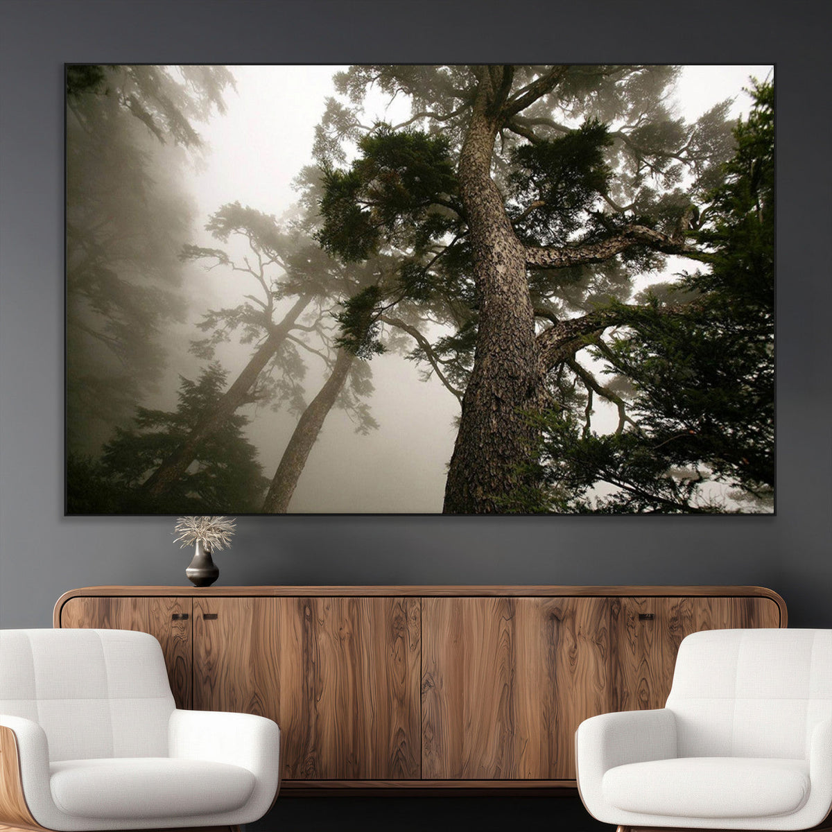 Misty Forest Wall Art Canvas Print, Framed Tall Trees in Foggy Atmosphere