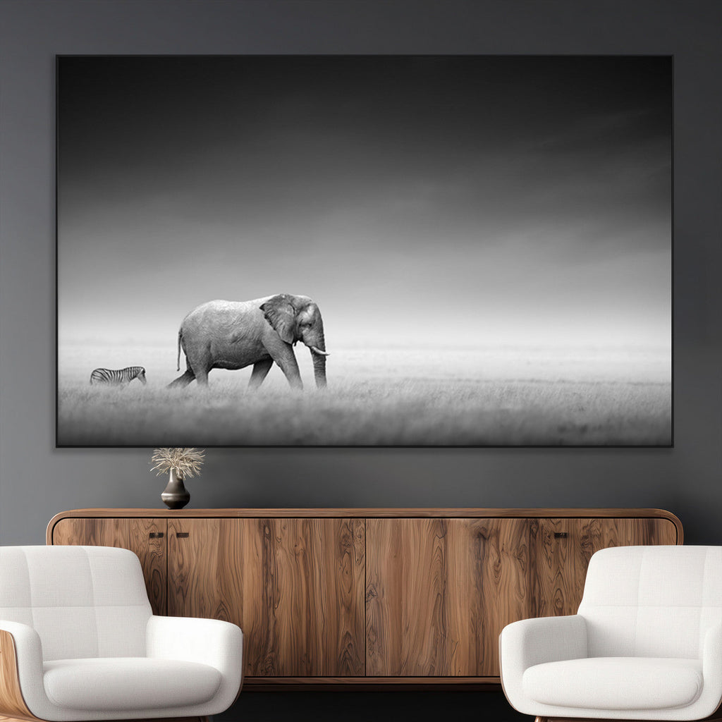 Elephant and Zebra Wall Art Canvas Print, Modern Artwork