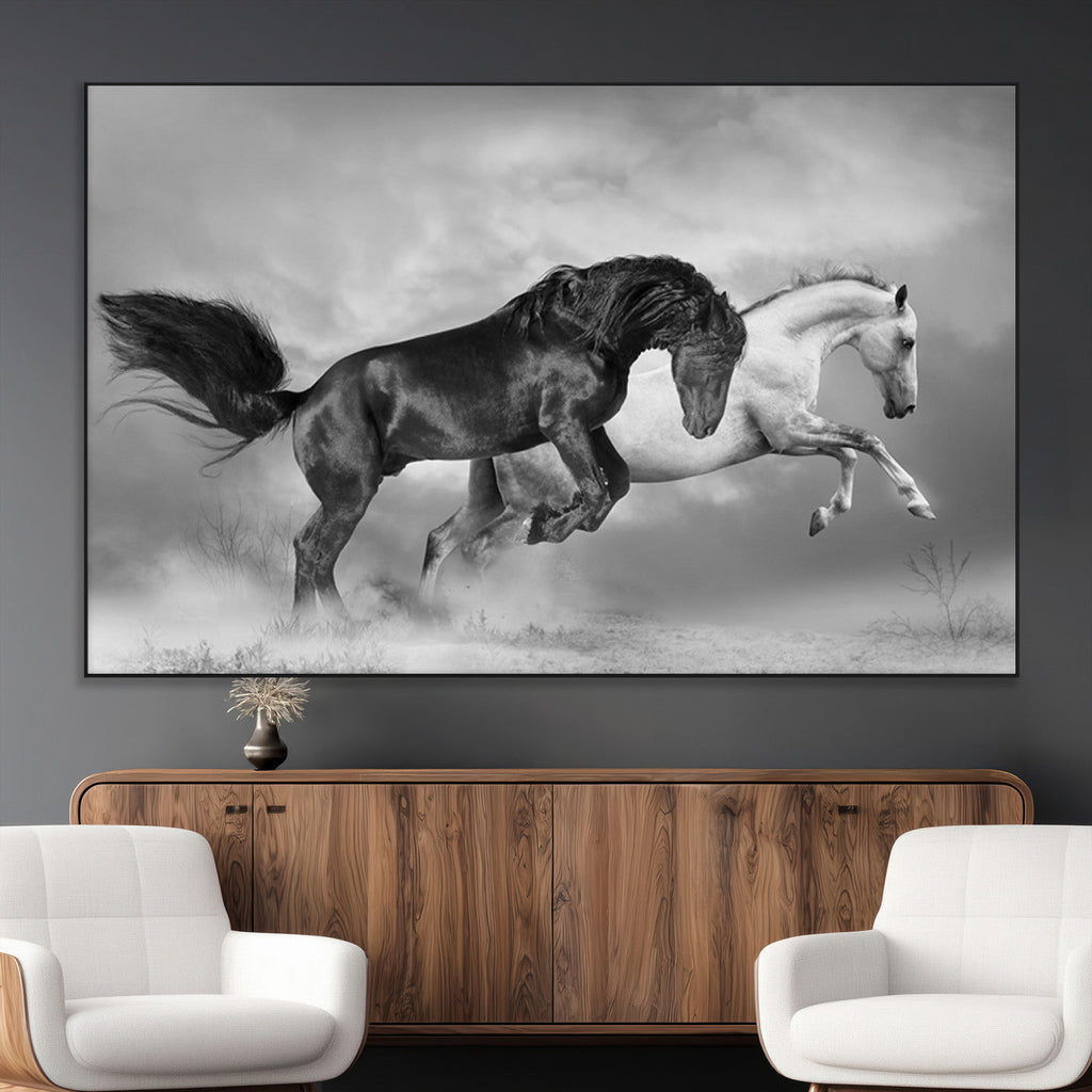Wild Horses Wall Art Canvas Print, Framed Black and White Galloping Horses