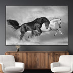 Wild Horses Wall Art Canvas Print, Framed Black and White Galloping Horses