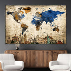 World Map Canvas Print | Vintage Blue and Gold World Map Wall Art