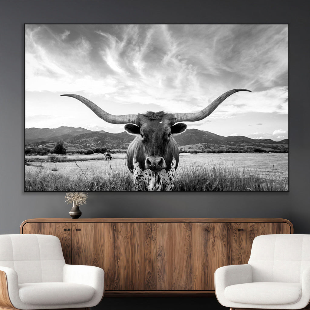 Longhorn Black and White Wall Art | Rustic Western Bull Canvas Print