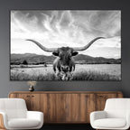 Longhorn Black and White Wall Art | Rustic Western Bull Canvas Print