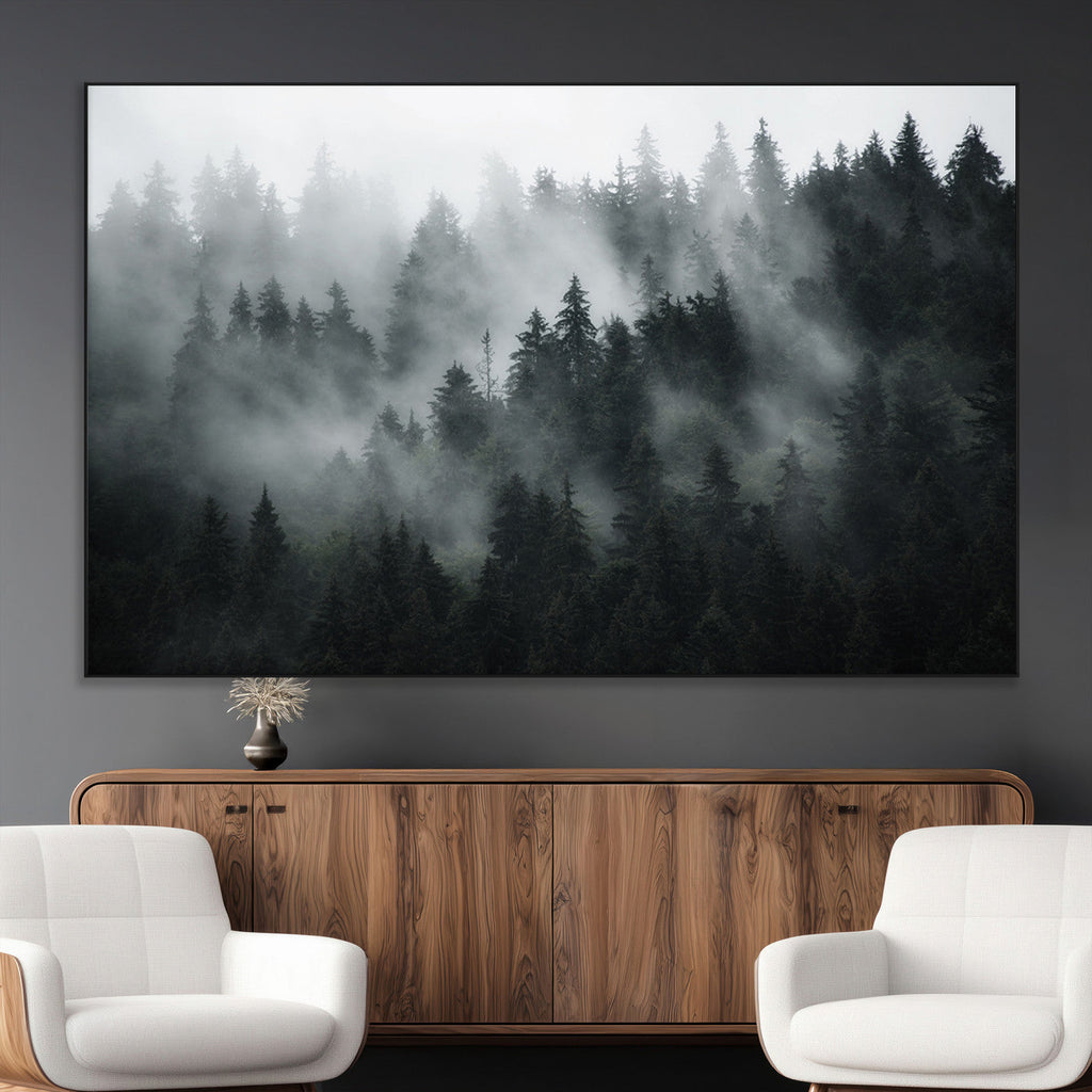 Foggy Forest Wall Art Canvas Print | 3 Panel Large Misty Landscape