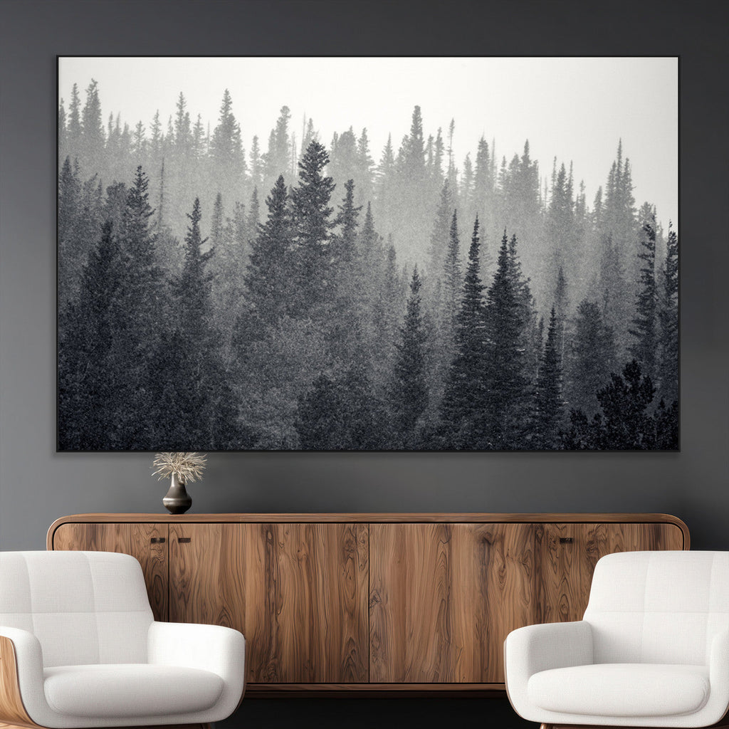 Misty Forest Canvas Wall Art | Monochrome Triptych Pine Tree Print