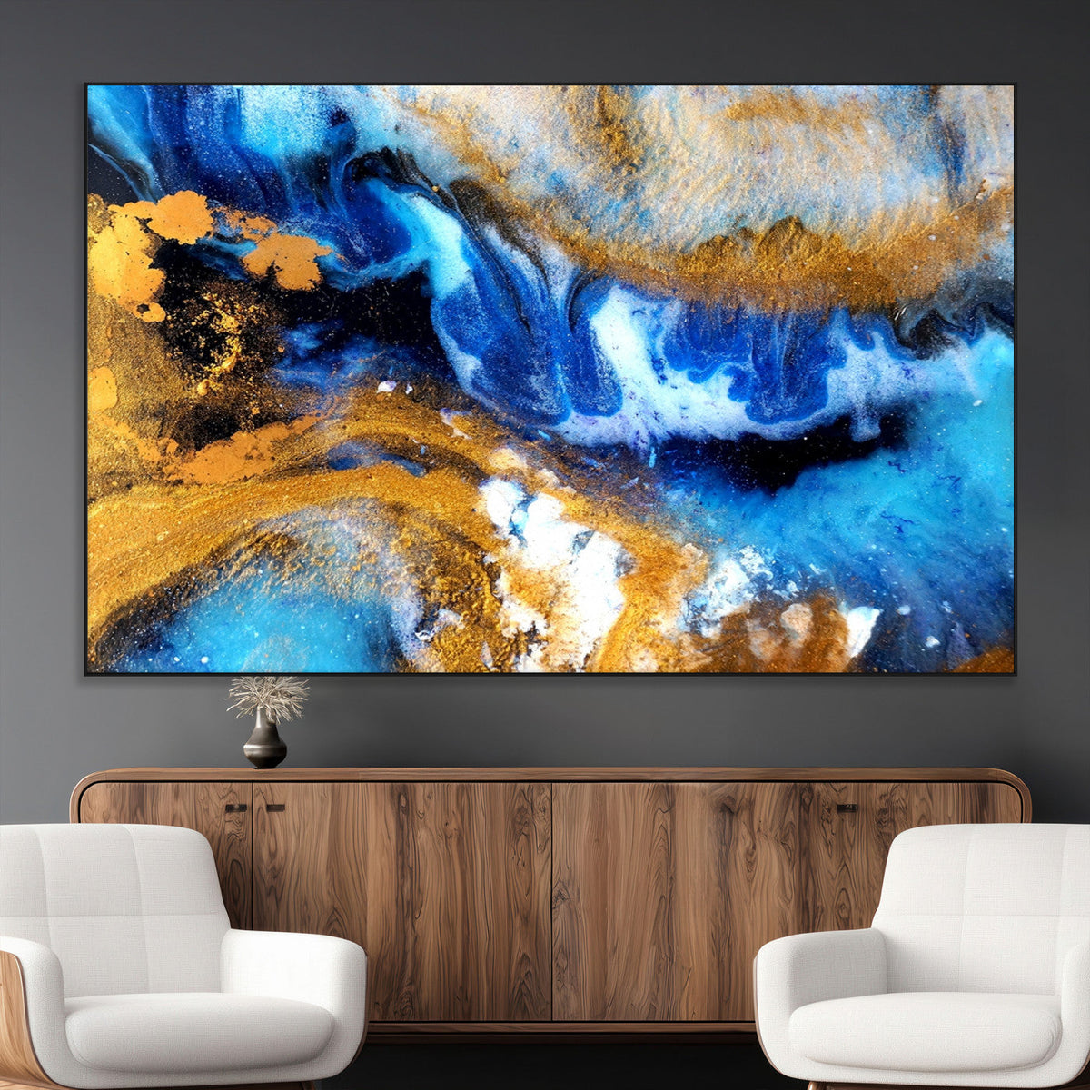 Blue Orange Marble Fluid Effect Canvas Wall Art Print