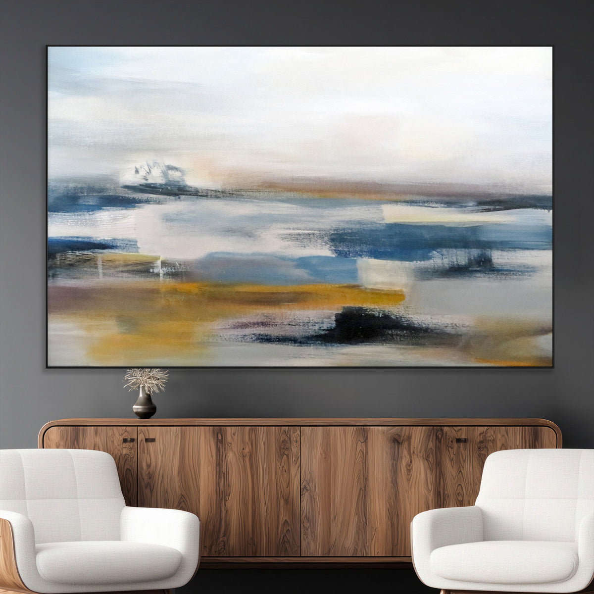 Abstract Landscape Wall Art Canvas | 3 Panel Modern Blue, Gold and White Canvas Art