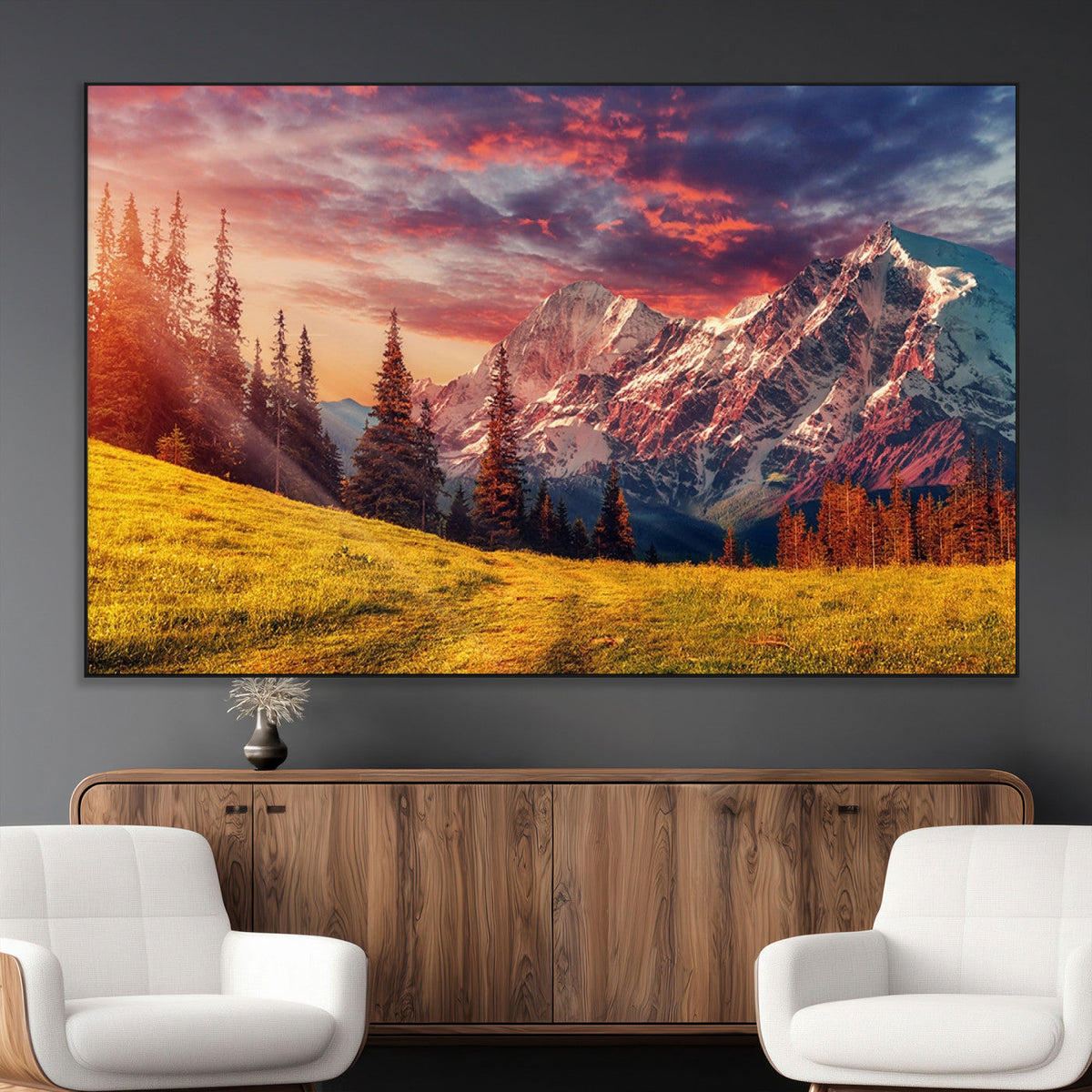 Mountain and Daylight Red Sunset Wall Art Canvas Print