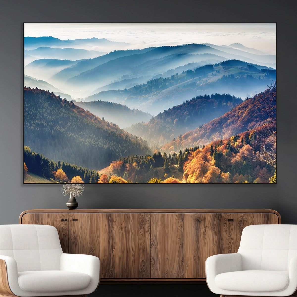 Misty Mountain Sunrise Triptych Canvas Print | Autumn Landscape Wall Art