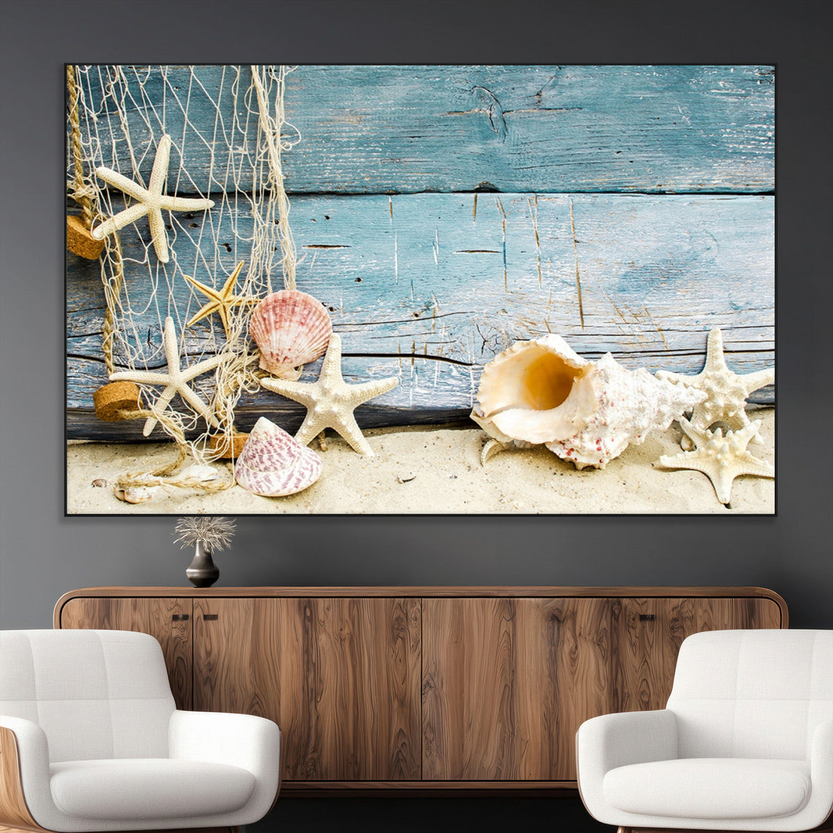Seashells on Rustic Wooden Background, Seashells Wall Art