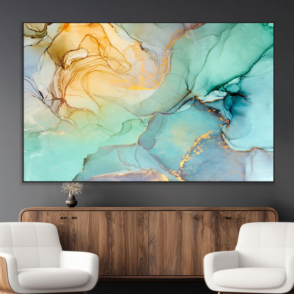 Abstract Aqua and Gold Fluid Wall Art Canvas | 3 Panel Large Canvas Print