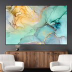 Abstract Aqua and Gold Fluid Wall Art Canvas | 3 Panel Large Canvas Print