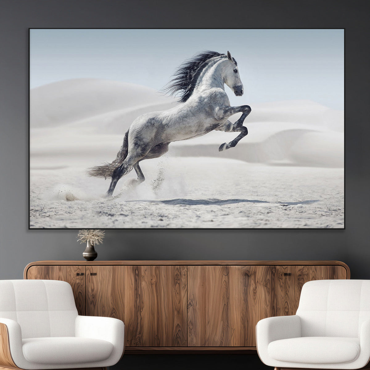 Prancing Horse Desert Large Wall Art Canvas Print, Majestic Horse Animal Artwork