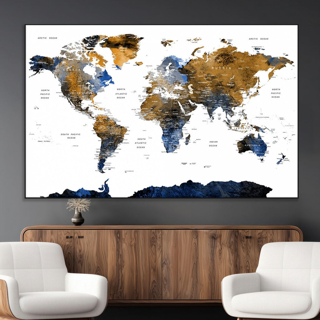 Modern Abstract World Map Canvas Wall Art | Framed Blue and Gold Map Print
