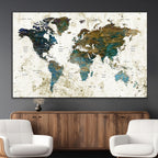Vintage World Map Wall Art Canvas Print, Framed Rustic Earth Tone Map