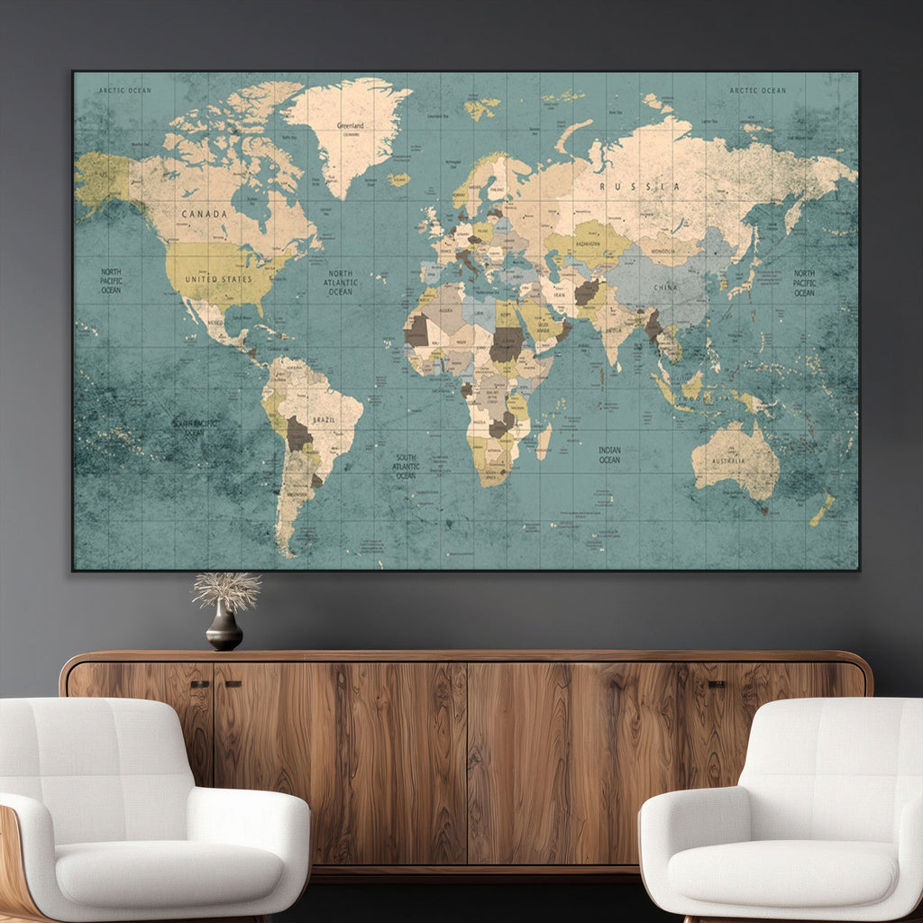 Classic World Map Canvas Print | Framed Vintage Map Wall Art