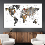 Modern Metallic World Map Canvas Wall Art | Framed Contemporary World Map Print