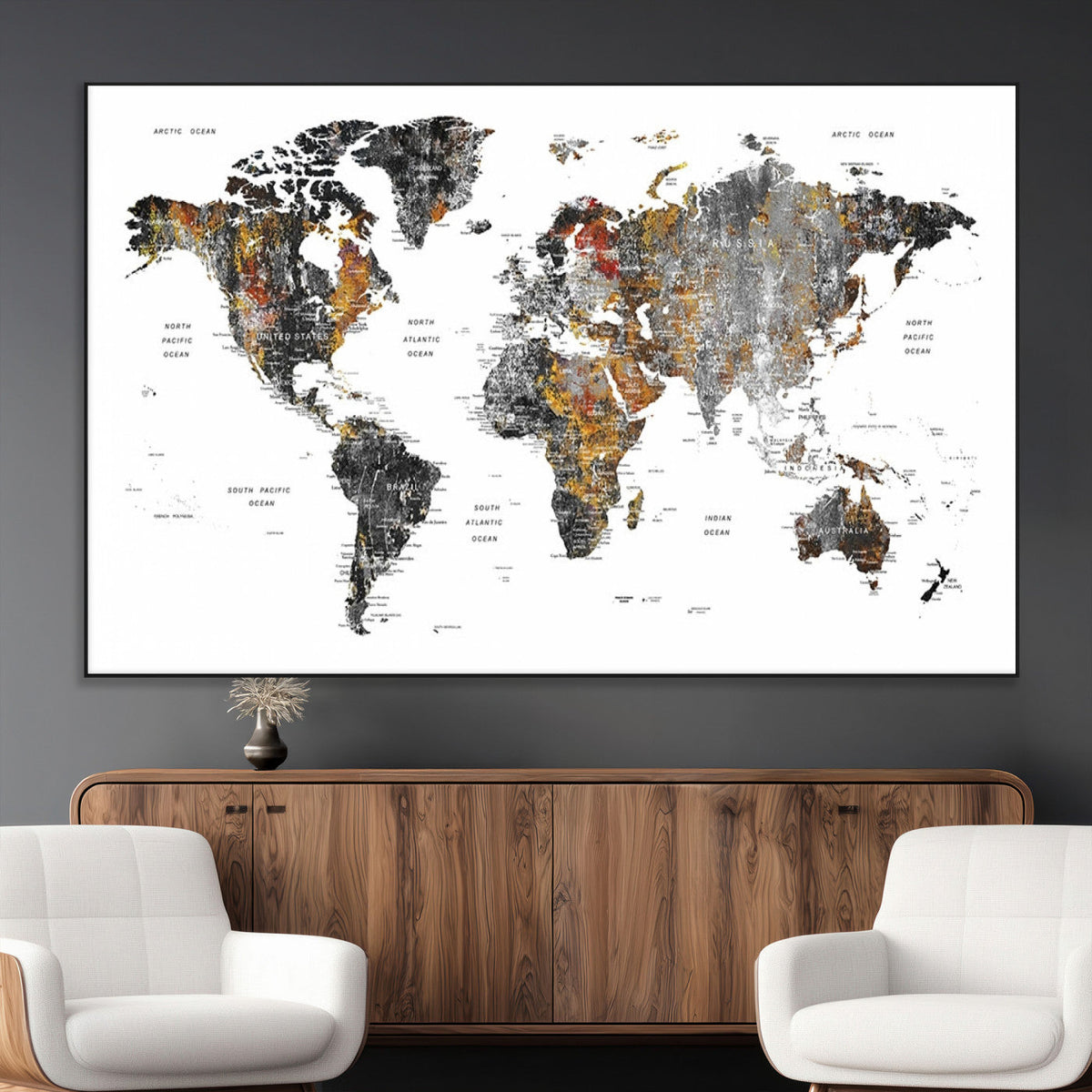 Modern Metallic World Map Canvas Wall Art | Framed Contemporary World Map Print