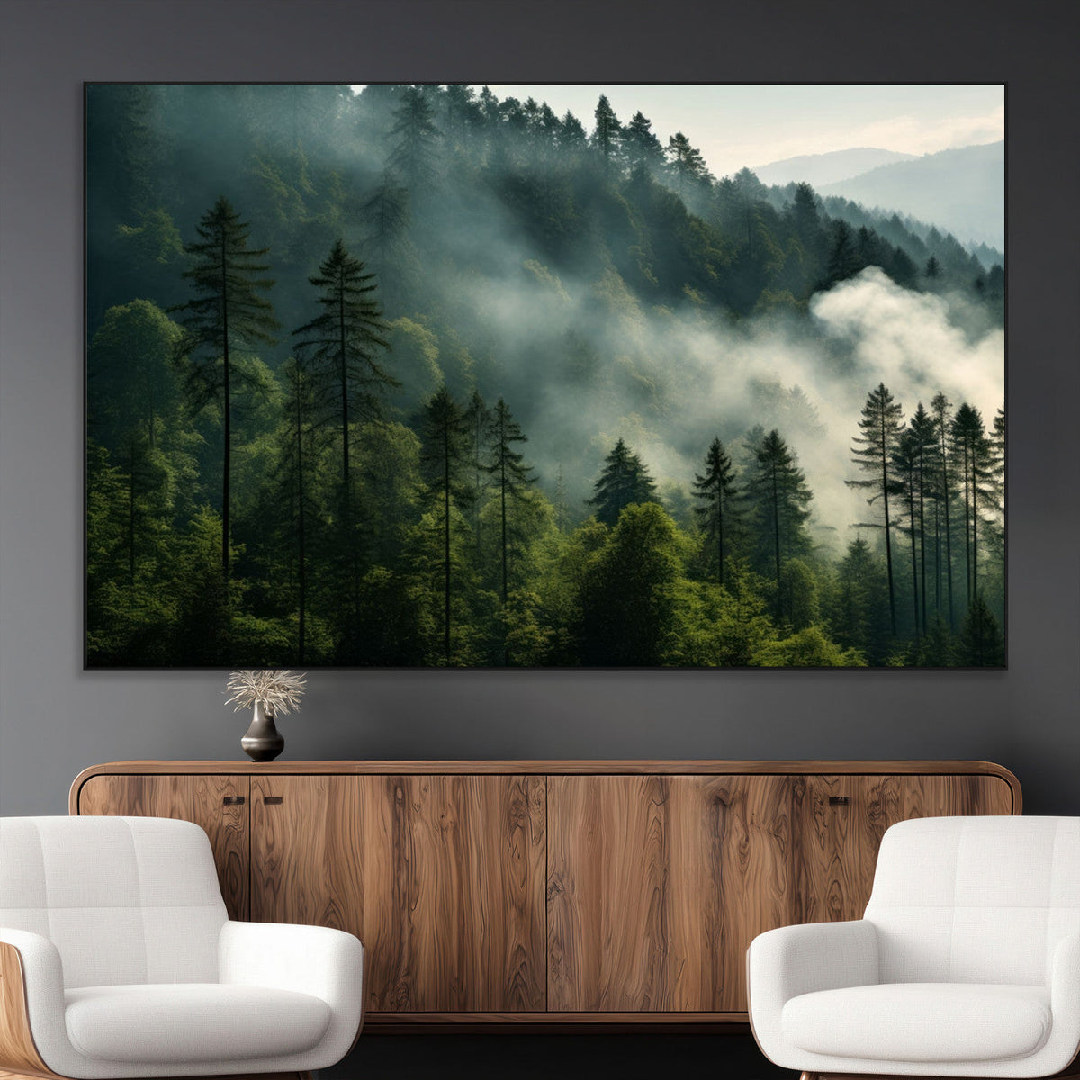 Misty Forest Wall Art Premium Canvas Print, Foggy and Serene Atmosphere