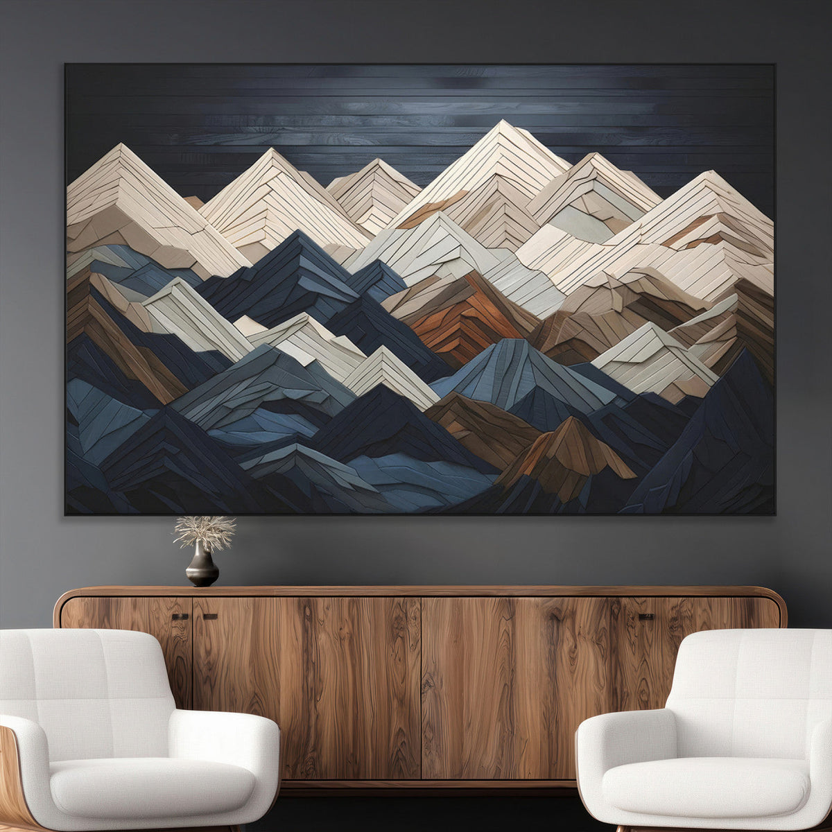 Rustic Mountain Landscape Wall Art Canvas Print, Framed 3D Wooden Effect Mountain Art