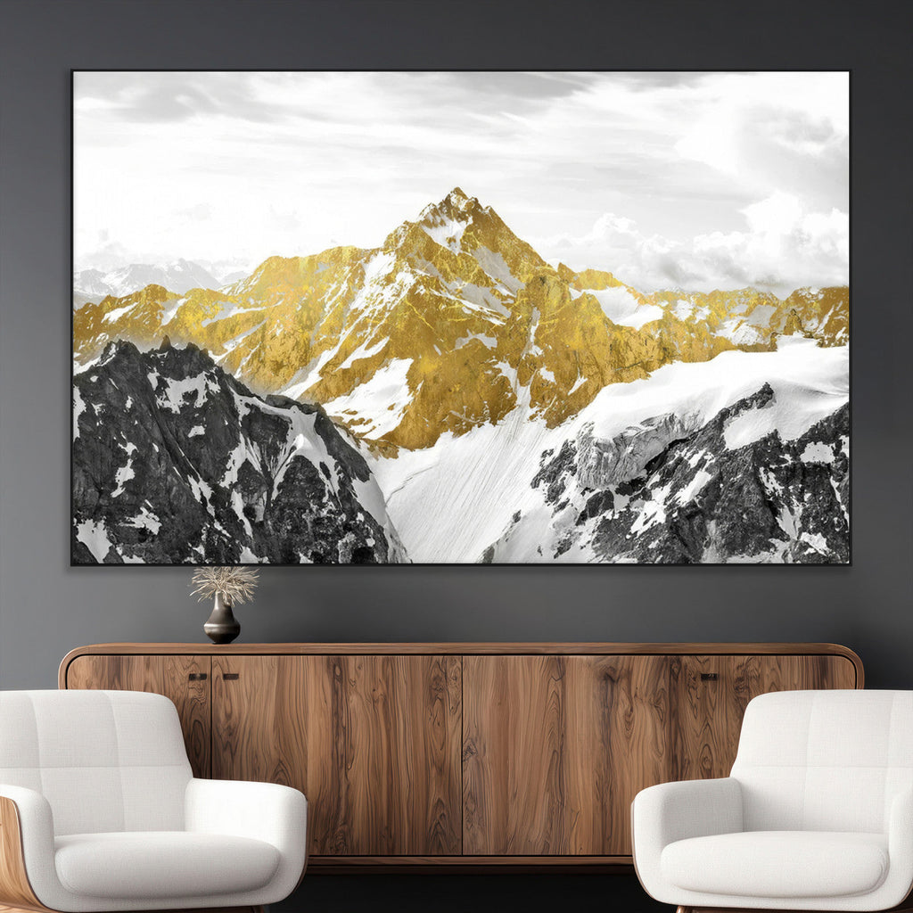 Gold Abstract Mountains Wall Art Print on Canvas, Nature Wall Art Print