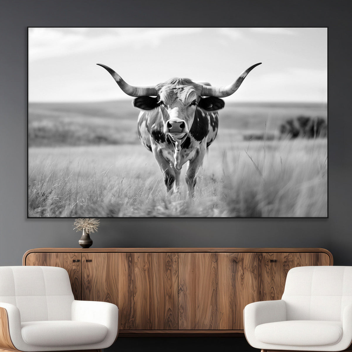 Texas Cow Longhorn Wall Art Canvas Print for Farm House Wall Art, Framed and Ready to Hang