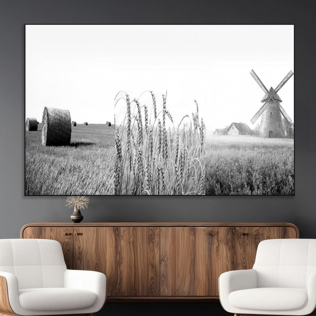 Vintage Farmhouse Black and White Triptych Wall Art, Giclee Canvas with Wheat Fields, Hay Bales and Windmill