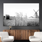Vintage Farmhouse Black and White Triptych Wall Art, Giclee Canvas with Wheat Fields, Hay Bales and Windmill